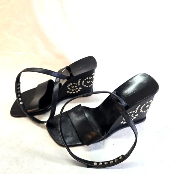 90s Vintage DOLCE & GABANNA Women's 40 Black Studded Wedge Square Toe Sandals